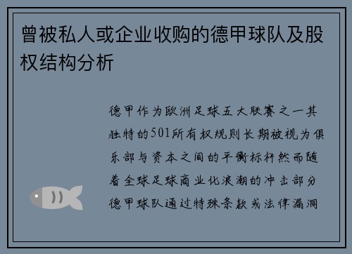 曾被私人或企业收购的德甲球队及股权结构分析